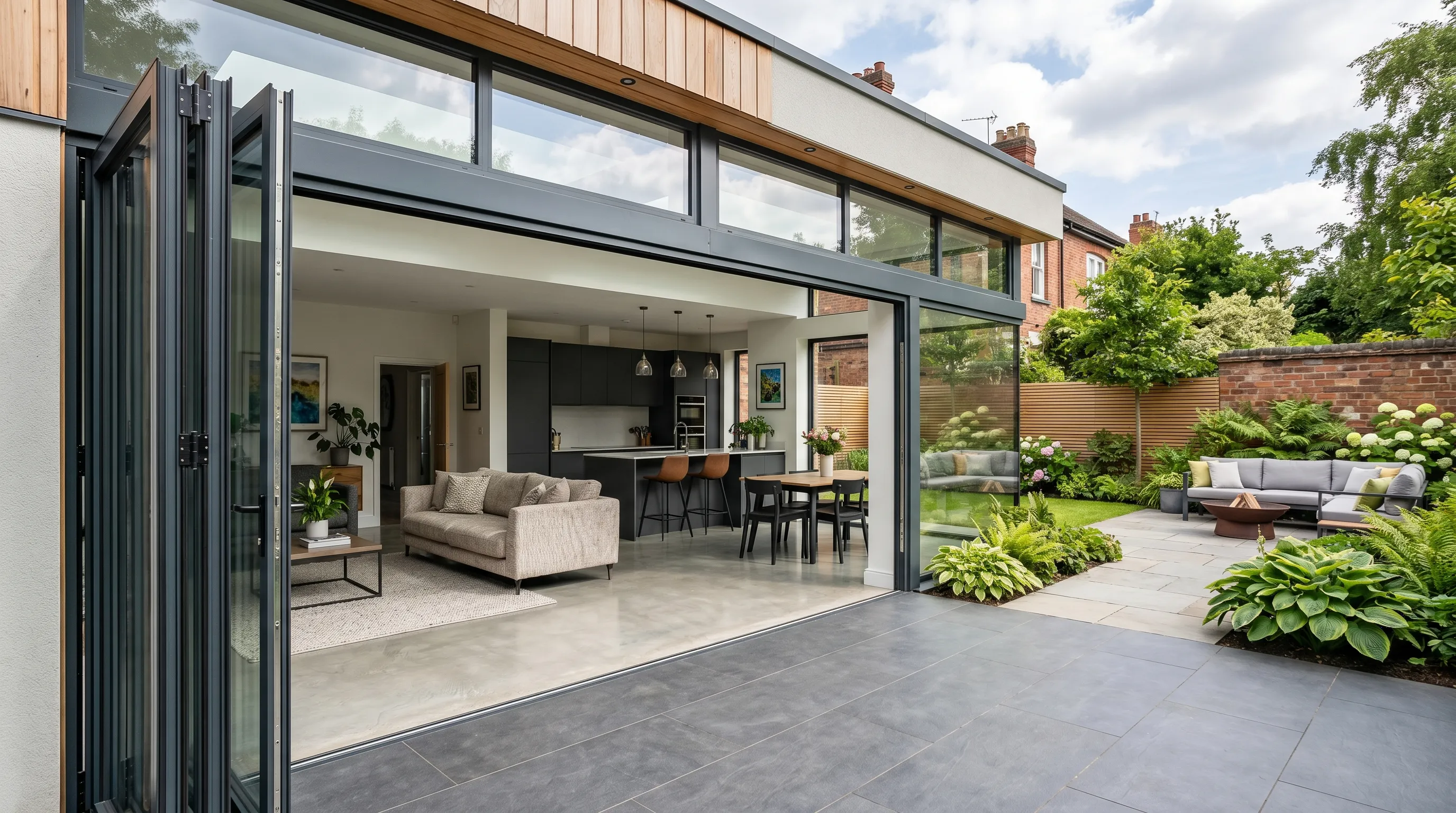 Open-plan living space with bifold doors opening to a garden patio.