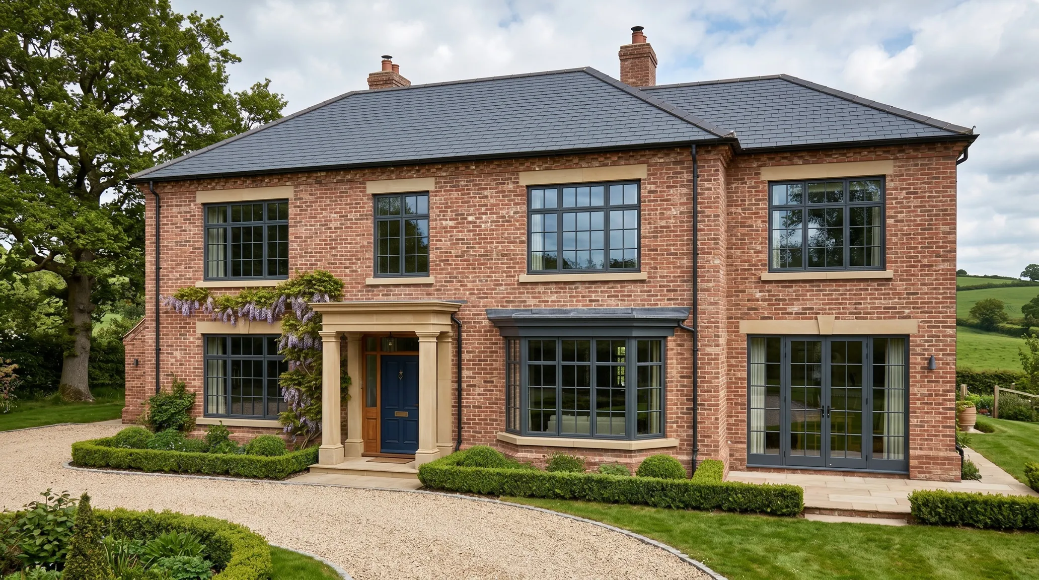 Two-story brick house with dark window frames and a landscaped front yard.