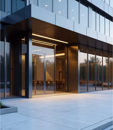  A sleek, modern building entrance featuring glass doors and a minimalist steel design, with warm lighting illuminating the interior and exterior.