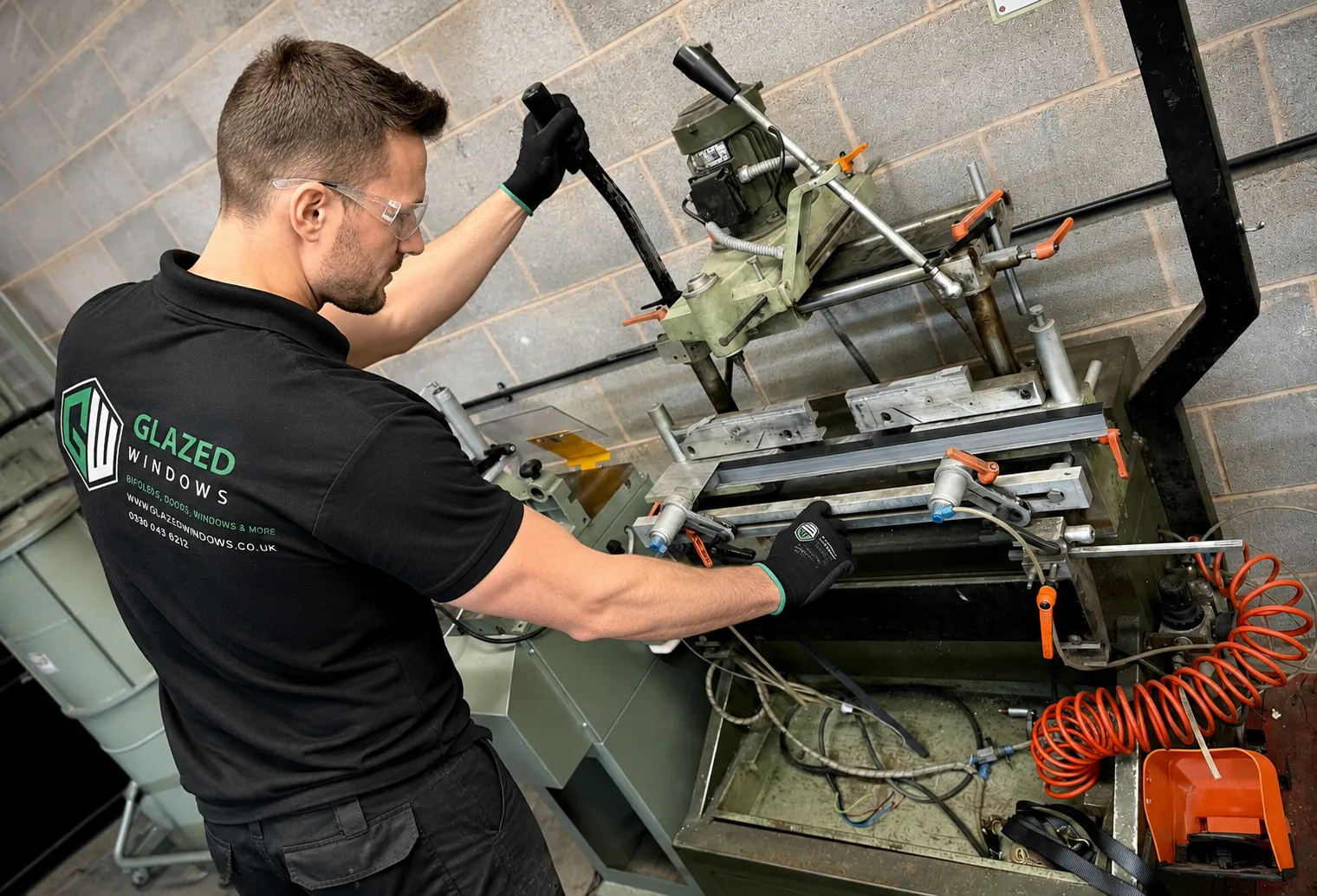 Aluminium bifold door frame assembly at the Glazed Windows Ltd Birmingham workshop
