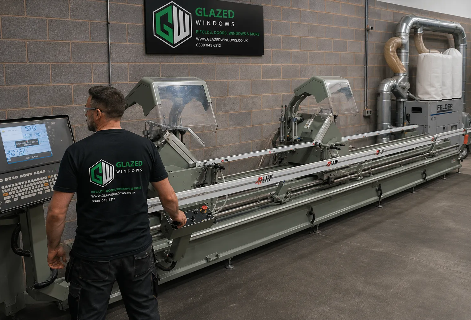Aluminium bifold door frame assembly at the Glazed Windows Ltd Birmingham workshop