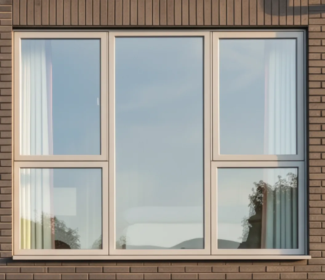 A close-up of a large, modern multi-pane window set into a brick wall.
