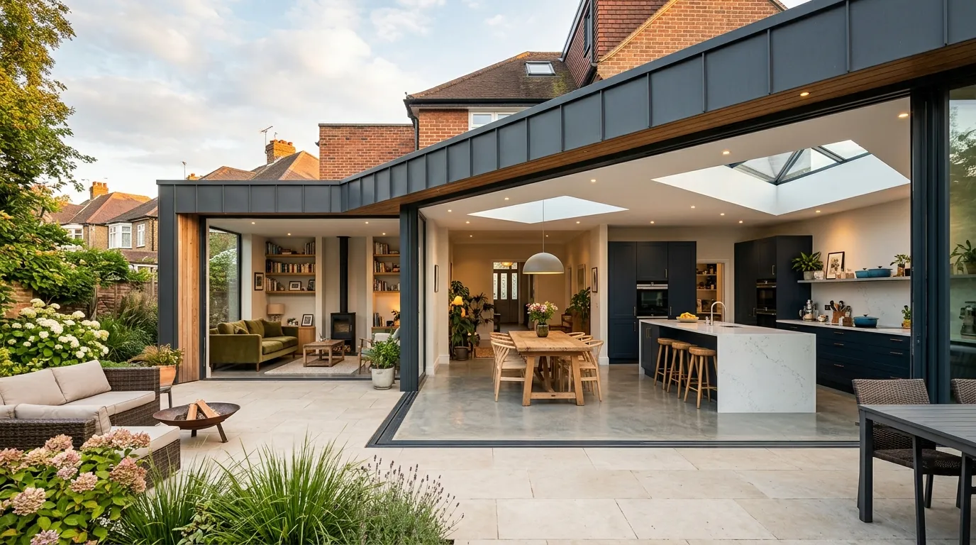 Open-plan kitchen and living space in a modern home extension with large sliding doors leading to a patio.