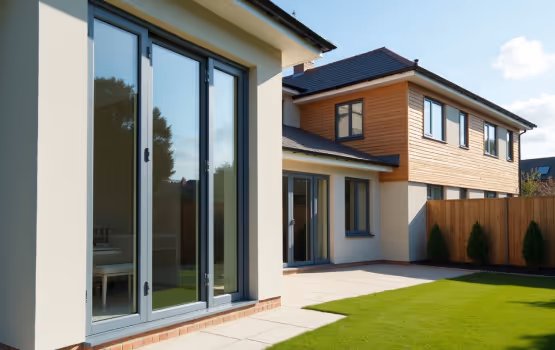  A four-panel bifold door with dark frames and glass panels, partially open to a white wall.