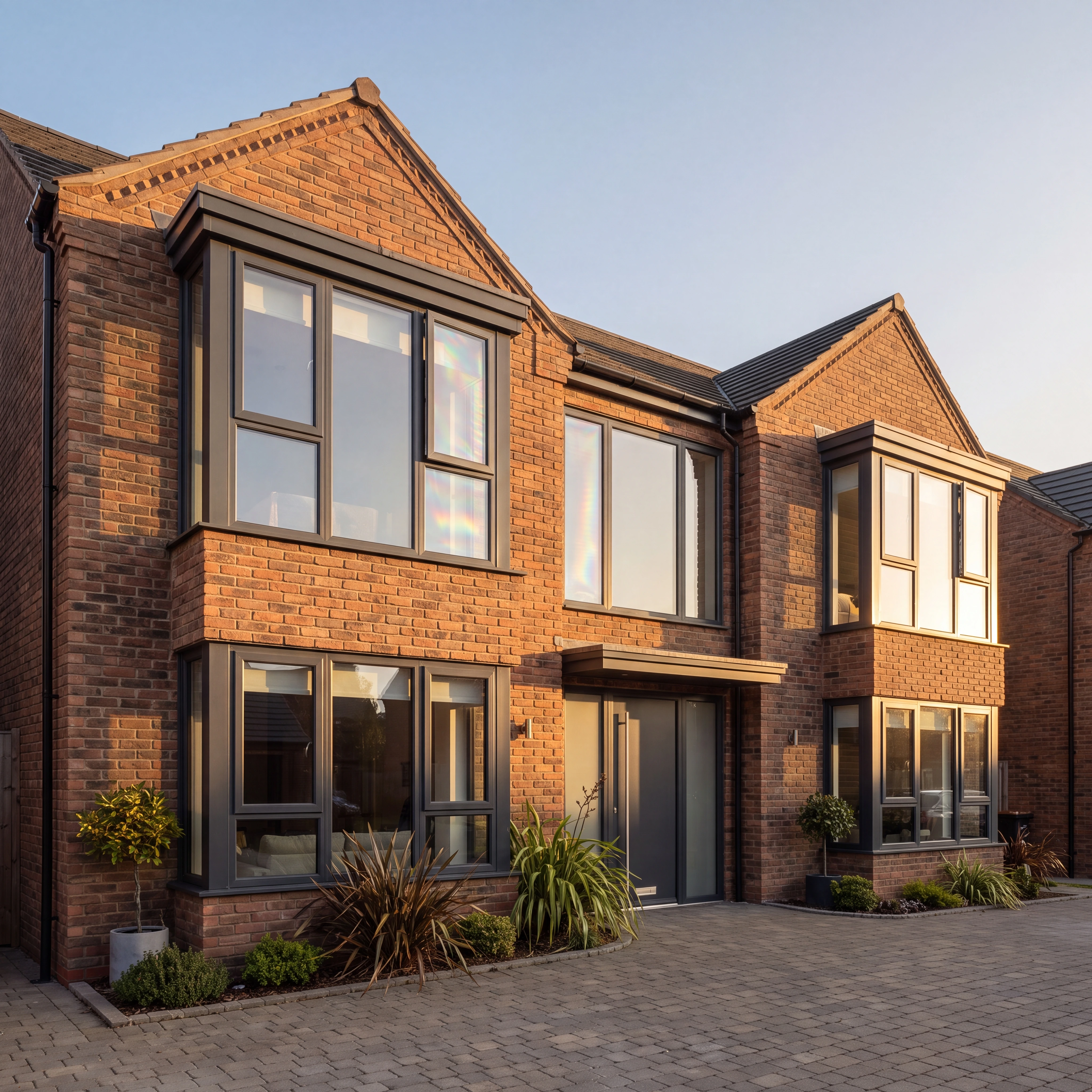 Anthracite grey stepped aluminium casement windows on a modern UK brick home, warm sunlight, wide-angle architectural shot.