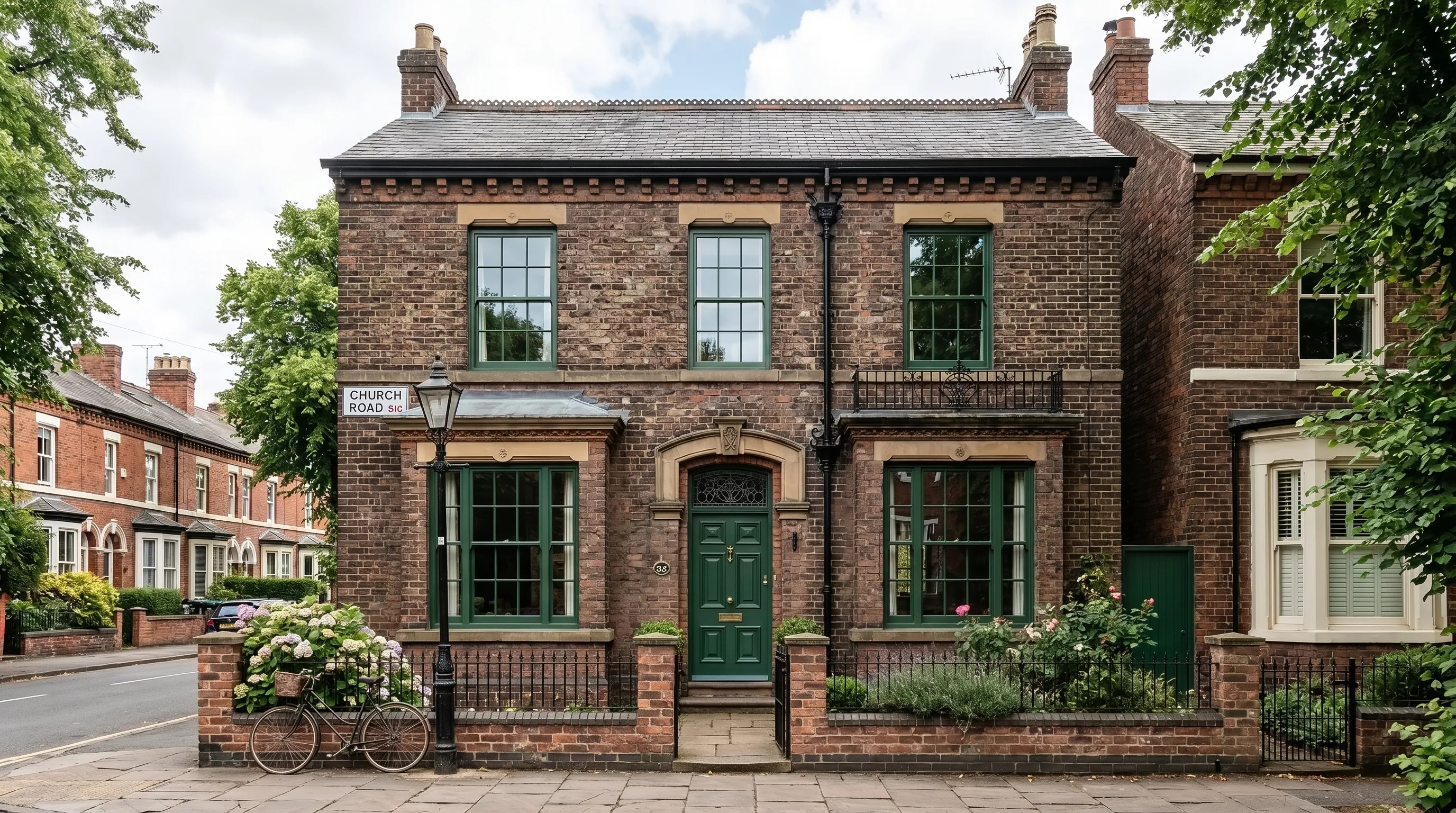 A two-story dark brick house with green windows and a central green front door.