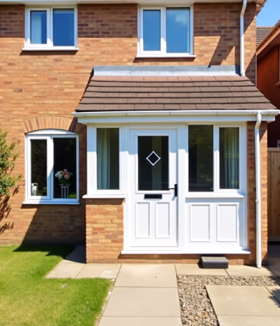  A close-up of a white UPVC front door with glass panels and a chrome handle.White aluminium bifold door — Glazed Windows Ltd Birmingham